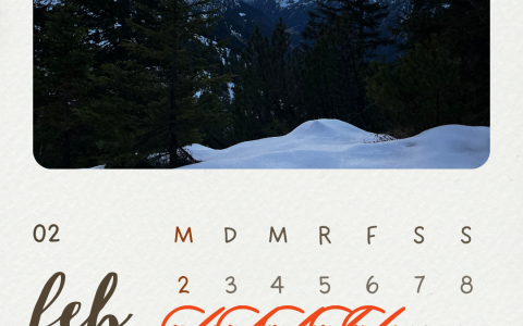 Kalender für Februar 2025 mit Bergszene